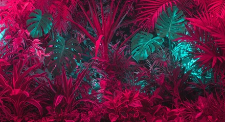 Vibrant Tropical Foliage Lush Neon Pink and Teal Jungle Plants Exotic Leaf Background