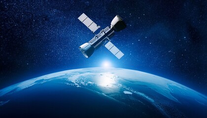 Obraz premium Silhouette of a satellite floating against the backdrop of the Earth