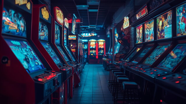 Arcade centre with colourful arcade game in dim light environment, nostalgia memories of 90s kids