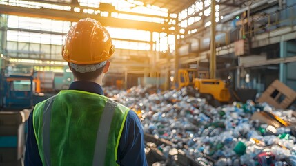 A Vision of the Recycling Plant: A worker oversees a waste management plant, with a high angle shot showcasing the scale of the facility and highlighting sustainable practices. 