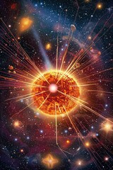 Fiery celestial body radiating energy in a vibrant star-filled galaxy