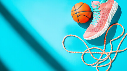 Fototapeta premium Vibrant banner featuring peach sneakers and basketball for dynamic sports store concepts of fitness, active lifestyle, creativity. copy space