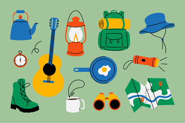 Camping gear set. Flat illustration of hiking and outdoor essentials: backpack, lantern, boots, guitar, flashlight, binoculars, map, and cooking items. Perfect for travel, trekking, adventure themes