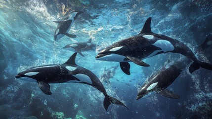 Obraz premium Orca pod swimming together, creating a dynamic and realistic ocean scene. 