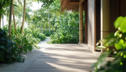 Obraz premium Tropical walkway lush greenery tranquil retreat