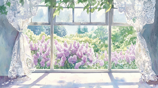 Fototapeta Charming lilac window view in watercolor with lace curtains. concept of serenity, floral beauty, nature inspiration, peaceful home decor. Spring flowers