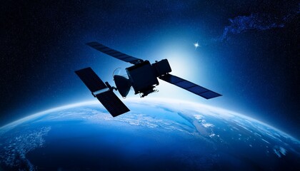 Naklejka premium Silhouette of a satellite floating against the backdrop of the Earth