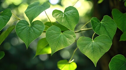 Fototapeta premium Lush green heart-shaped leaves on a branch