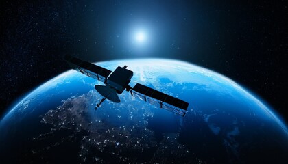 Silhouette of a satellite floating against the backdrop of the Earth