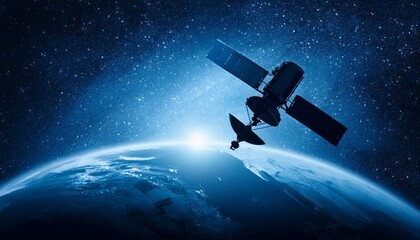 Silhouette of a satellite floating against the backdrop of the Earth