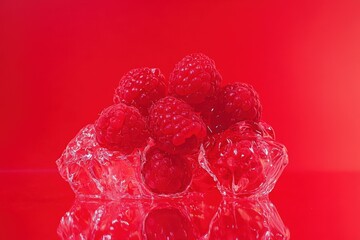 A close up shot of red raspberries and ice crystals