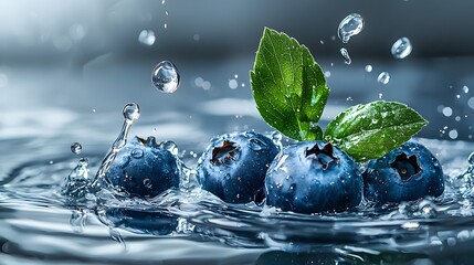 Refreshing splash of blueberries in water nature photography close-up shot vibrant environment focus on freshness