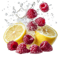 Raspberries and Lemon Slices with Water Splash Isolated on Transparent Background