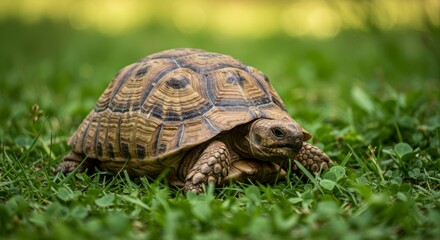 Elegant tortoise roaming freely in a vibrant green field, radiating serenity