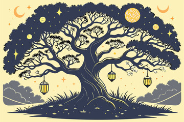 Fototapeta premium 64 Majestic ancient tree, glowing paper lanterns, magical forest, ethereal night sky, fantasy landscape, golden warm light, elaborate tree branches, mystical atmosphere, dreamy scene, floating lantern