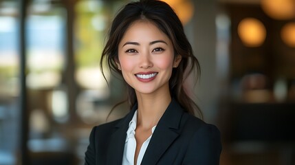 Obraz premium Professional woman smiling in office space business portrait bright environment