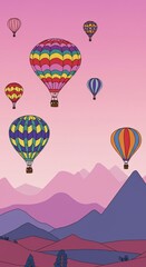 Hot air balloons floating above mountains at sunset  
