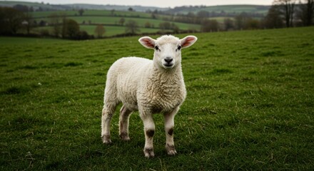 Charming Lamb Standing Proudly in a Lush Green Meadow on a Cloudy Day
