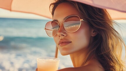 Sun-Kissed Moments: Woman in Luxury Sunglasses Lounging Under a Beach Umbrella with a Cocktail a?" Macro close-up soft pink and peach tones reflecting in her shades waves gently rolling.