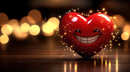 Cheerful smiling heart-shaped decoration glowing with sparkles against a blurred warm background