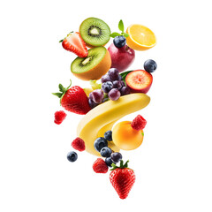 colorful mixed fruits floating in air isolated png transparent cutout