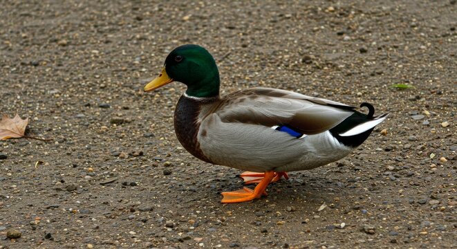 Striking Mallard Duck Posing on Gravel Surface with Emerald Head and Orange Feet