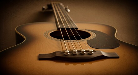 Fototapeta premium Acoustic Guitar Close Up Wood Grain Strings and Bridge Detail