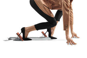 Businesswoman in high heels on a running race from a starting block