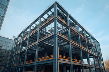 Exposed steel framework of a building under construction against a pale blue sky showing a grid-like pattern.