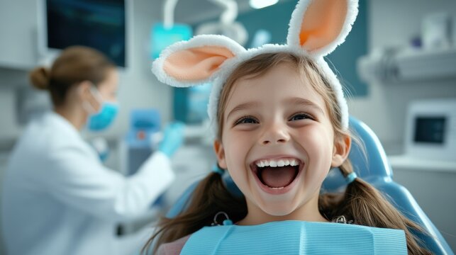 Happy caucasian female child at dentist office with bunny ears headband smiling. Easter, Pascha, Paskha, Ostern, Pascua, Paques - Orthodox and Catholic Holiday celebration