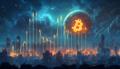 Cityscape under a celestial sky with upward arrows a fiery sphere and a network of lights suggesting financial trends.