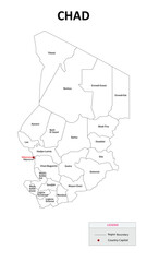 Chad Map. State and district map of Chad. Administrative map of Chad with states and boundaries in white color.