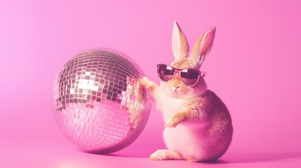 Stylish bunny with sunglasses and disco ball on pink background. Easter, Pascha, Paskha, Ostern, Pascua, Paques - Orthodox and Catholic Holiday celebration