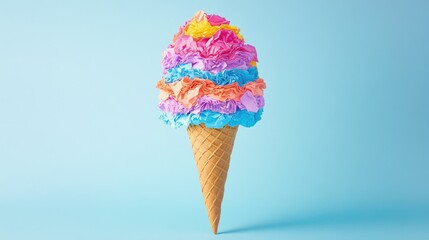 Colorful tissue paper ice cream cone on blue background. Cinco de Mayo, Battle of Puebla Day, Mexican Heritage Festival - Latin American Cultural Celebration