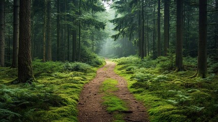Misty forest path winding through dense trees. Lush green vegetation carpets the ground, creating a tranquil and serene atmosphere