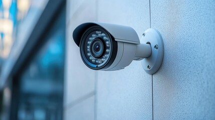 A modern security CCTV camera with a sleek design, mounted on a white wall