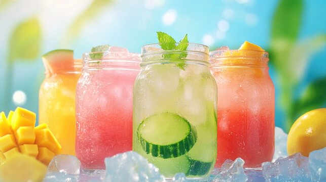 Refreshing assorted summer drinks with ice and fruits in glass jars. Cinco de Mayo, Battle of Puebla Day, Mexican Heritage Festival - Latin American Cultural Celebration