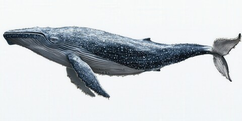 Obraz premium Majestic humpback whale illustration with textured skin and water droplets on white background
