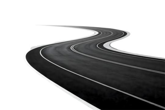 Winding asphalt road with double yellow lines.
