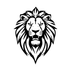 Obraz premium Stylized black and white illustration of a lion's head, facing forward with a fierce expression, detailed mane and bared teeth
