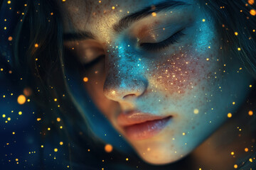 Woman with closed eyes, face glowing.