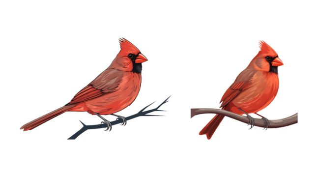 Vibrant Red Cardinal Bird Illustration on Branch Wildlife Art