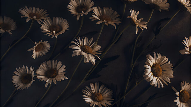 White daisies with stems in dark moody lighting on black background