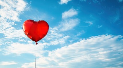 Fototapeta premium Heart-shaped balloons floating in the sky with clouds and a blue backdrop, symbolizing love and romance on a holiday celebration