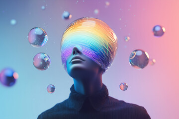 Unique spinning head design with vibrant light reflections and floating bubbles in an abstract setting