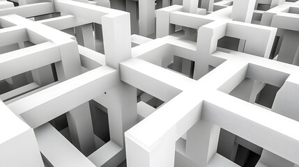 Abstract geometric arrangement composed of white interlocking structural elements