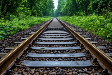 Obraz premium Train Tracks Through Green Forest.