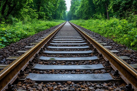 Train Tracks Through Green Forest. - Powered by Adobe