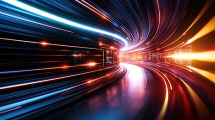 Vibrant abstract light trails swirling through a futuristic tunnel, creating a sense of motion