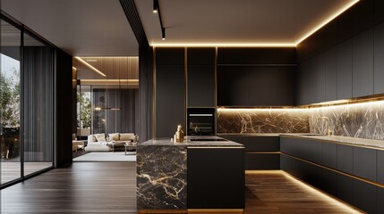 Modern open-concept kitchen and living room with black cabinets, marble countertops, and ambient lighting